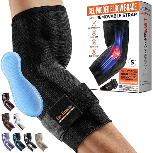 DR. BRACE® Elite Elbow Brace Support, Breathable Elbow Compression Sleeve with Gel Pad for Golfer's, Tennis Elbow & Tendonitis Treatment & Pain Relief 2024 (Black, Small)