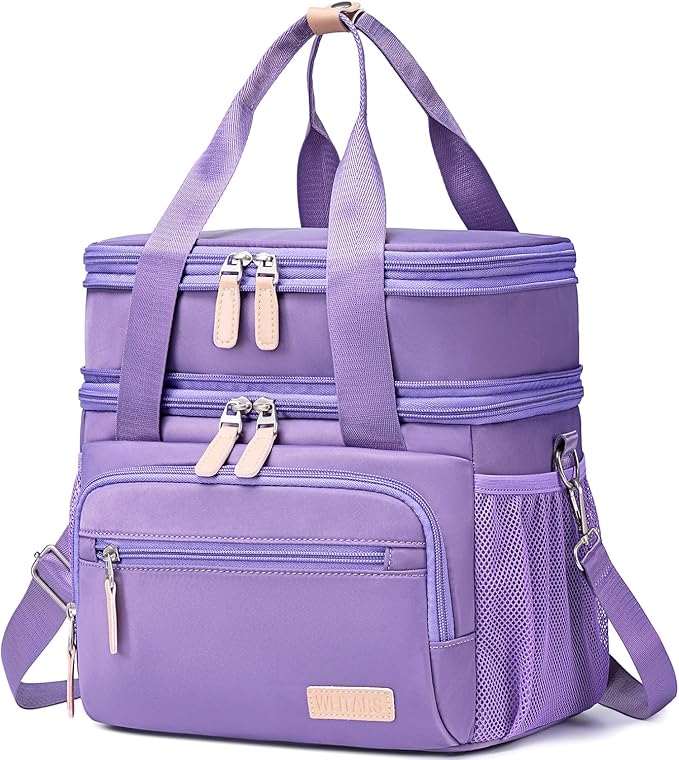 Weitars Insulated Lunch Box for Women Men-Dual Compartment Waterproof Reusable Large Lunch Bag Wide-Open Tote Cooler Bag for Working Picnic Hiking (15L) (Purple)