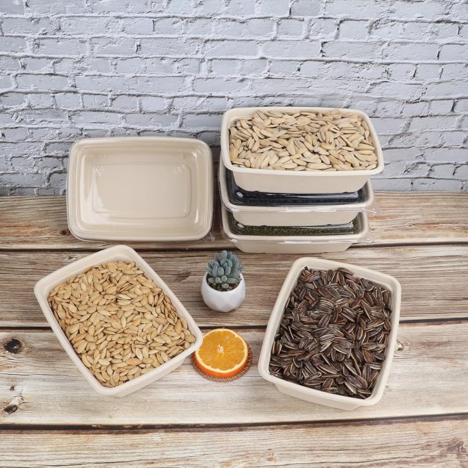 40 oz Rectangle Disposable salad bowls with lids, Sugarcane Fibers Bowls take away food containers Plant Fibers Freezer Safe 50 Pack