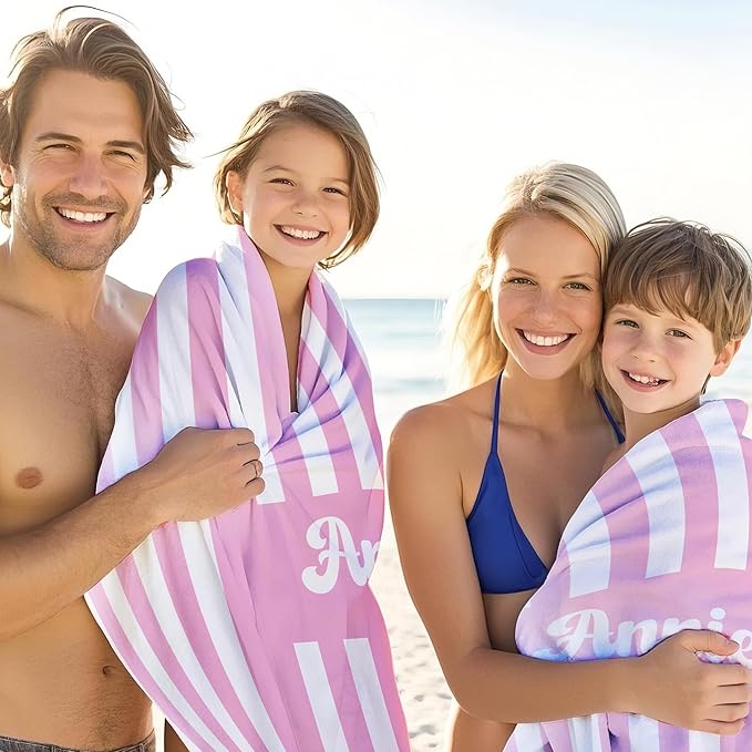 JML Personalized Beach Towel with Name, Custom Cabana Stripe Beach Towel, Customized Microfiber Pool Towel, Quick Dry & Absorbent Swim Towel for Adult,Mother's Day, Birthday, Summer Holiday,Vacation