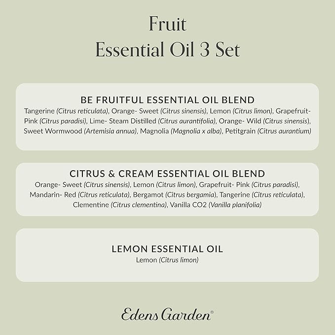 Edens Garden Fruit Essential Oils 3 Set – 100% Pure Therapeutic Grade Aromatherapy Oil & Blends: Be Fruitful, Citrus Cream & Lemon Oil – No Fragrance Oils & Natural - For Home Diffusers, 10 ml/ 3 Pack