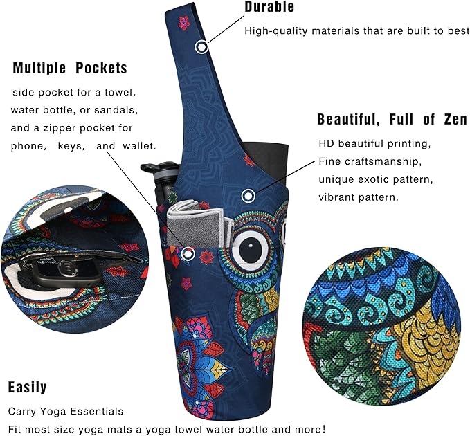 Fashion Printed Yoga Mat Bag with Large Side Pocket & Zipper Pocket Long Tote Yoga Bag Fit Most Size Mats - Holds More Yoga Accessories
