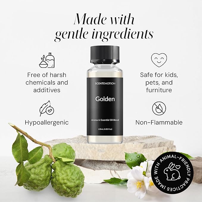 Golden Diffuser Fragrance Oil, Opulent Resort-Style Aroma,  Essential Oils Blend for Home, Ultrasonic & Waterless Diffusers  | Bergamot, Jasmine & Lemongrass |  4.05 fl oz, 120 mL