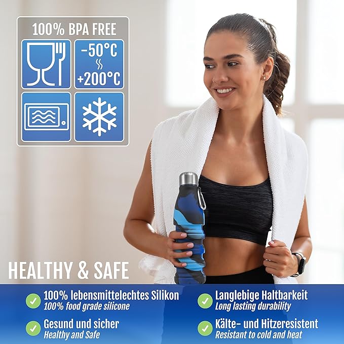 Foldable Drinking Bottle - BPA-free, leak-proof - Ideal festival accessory and practical outdoor companion with carabiner (Dark blue)