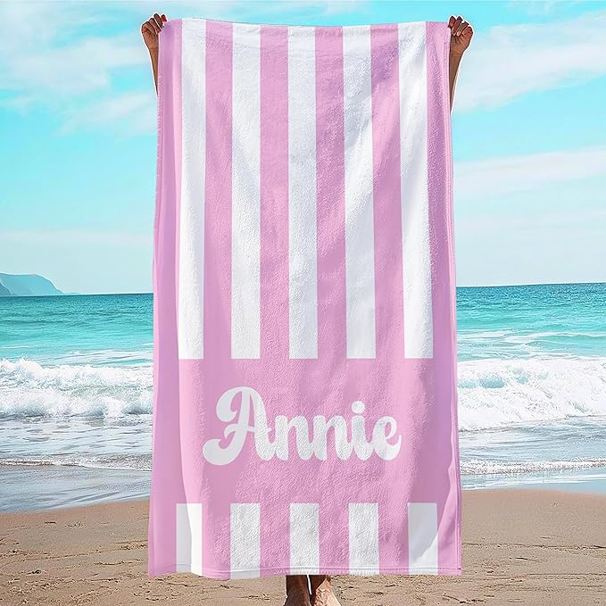 JML Personalized Beach Towel with Name, Custom Cabana Stripe Beach Towel, Customized Microfiber Pool Towel, Quick Dry & Absorbent Swim Towel for Adult,Mother's Day, Birthday, Summer Holiday,Vacation