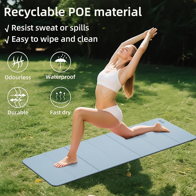 Foldable Yoga Excercise Mat 71"L x 24"W, Odourless Light Weight POE Mat For Home Fitness and Gym Workouts, 1/4 inch Non-slip Design for All Types of Yoga Pilates