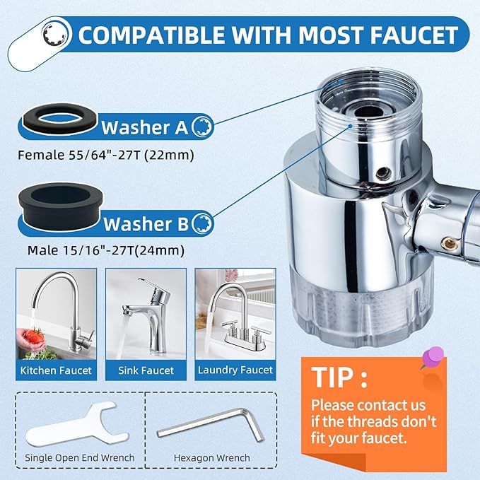 CECEFIN Water-Filter for Sink-Faucet Extender-Aerator - 9pcs Cartridges Reduce Chlorine for Bathroom/Kitchen Skin Face Eye Wash,Brass Faucet Mount Purifier System,1080°Rotating 2-Mode Swivel Aerator