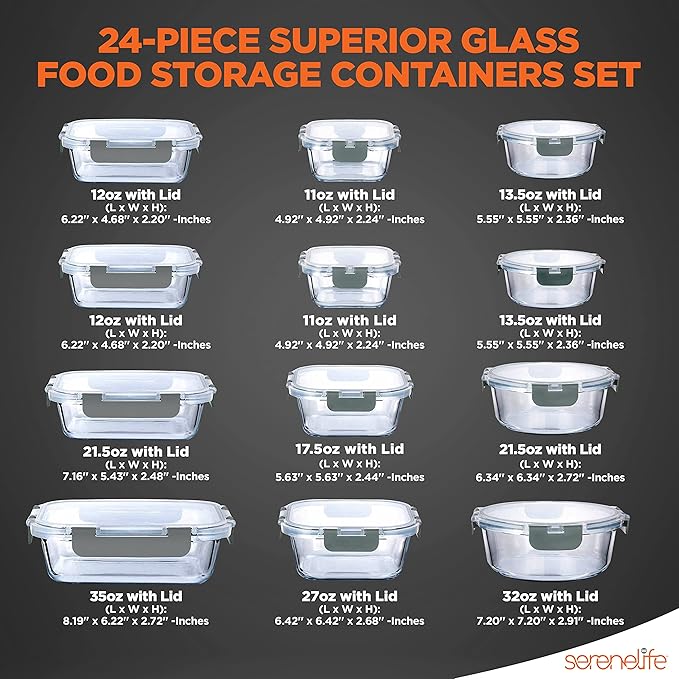 SereneLife 24 Piece Glass Storage Containers with Lids, 12 Pack Glass Meal Prep Container Set for Lunch, Kitchen Storage, Food Storage, Leak Proof, Freezer Safe and Dishwasher Safe, Gray