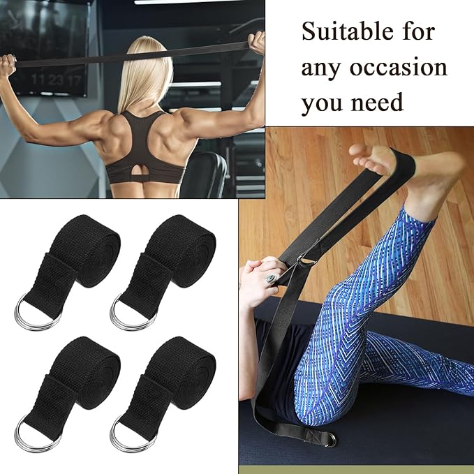 10 PCS Yoga Belt Strap for Stretching, Exercise Belt with Metal D Ring, 6 Feet Yoga Stretching Strap with Loops, Adjustable for Gym, Pilates & Physical Therapy, Black