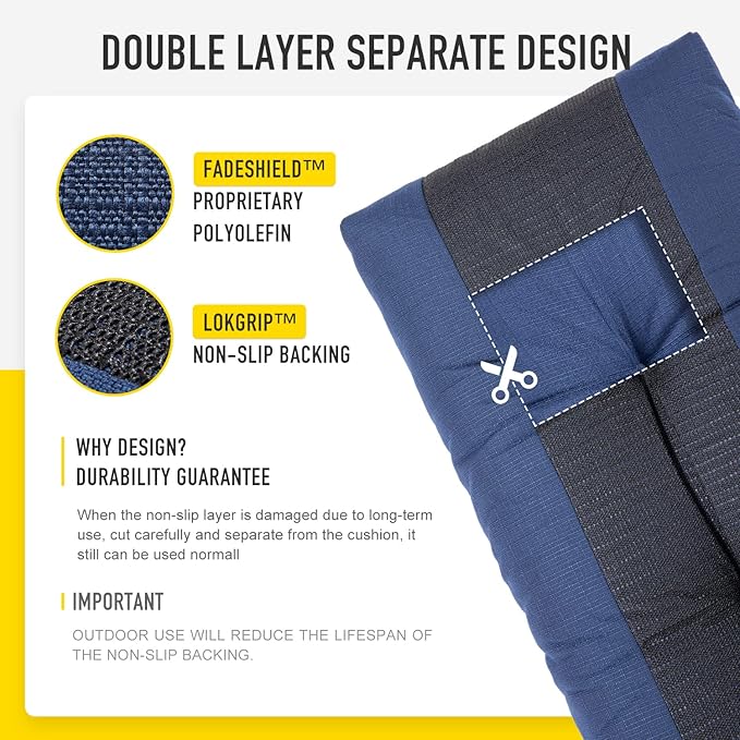 SUNROX LokGrip Non Slip Tufted Memory Foam Bench Cushion, FadeShield Water Resistant Durable Thicken Outdoor/Indoor Bench Seat Pads 48x16x4 inch, Navy