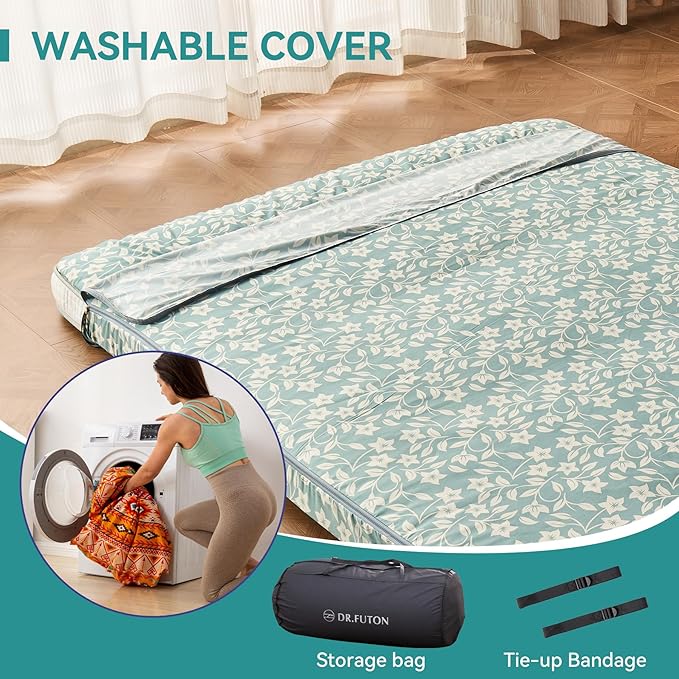 Dr.Futon Japanese Floor Futon Mattress Extra Thick Folding Roll Up Bed Topper Mat for Guest,Lounger and Tavel