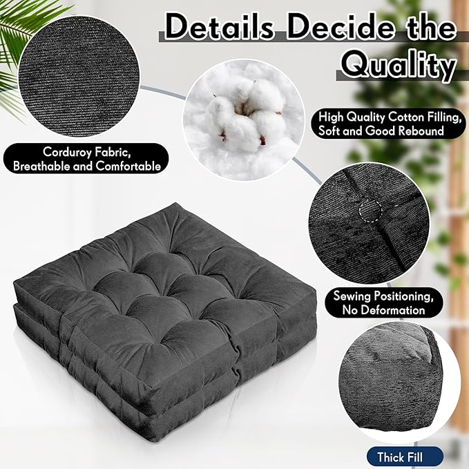 Jerify Floor Pillow Cushions 22 x 22 Inch Round Square Large Meditation Floor Pillow for Classroom Adult Meditation Picnic Party Cushion for Seating Gift Christmas(Square,Dark Grey,4 Pcs)