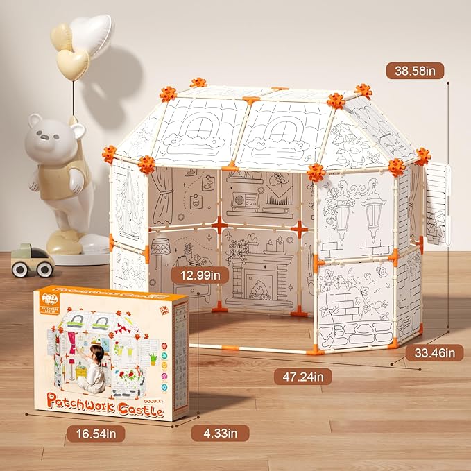 Interactive Kids Doodle Tent, Decorate and Personalize a Cardboard Fort, 328 Pieces Buildable Kids Play Tent, for 3+ Years Old Boys and Girls STEM Building