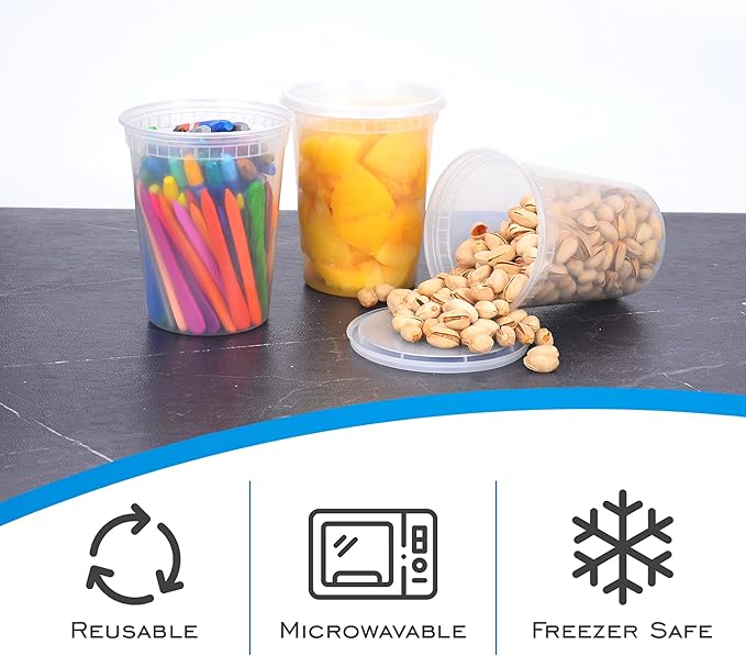 EDI [32 OZ, 20 Sets] Plastic Deli Food Storage Containers with Airtight Lids | Microwave-, Freezer-, Dishwasher-Safe | BPA Free | Heavy-Duty | Meal Prep | Leakproof | Recyclable