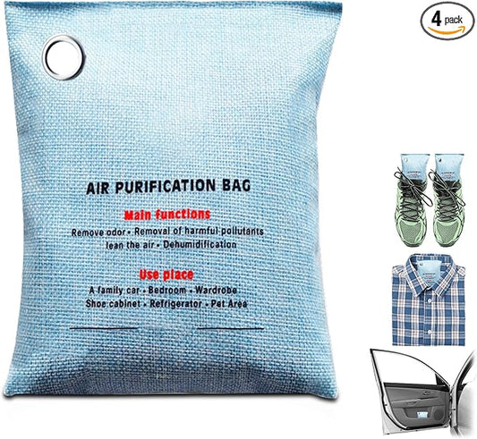 4 Pack charcoal odor absorber,Bamboo Charcoals Air Purifying Bag Charcoals Deodorizer Eliminator for Strong Odors in Car, Closet, Shoe, Basement (200G*4 Pack Blue, Unscented)