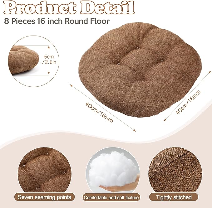 Fumete 8 Pcs 16 Inch Round Floor Cushions for Kids and Toddlers, Flexible Seating Classroom Furniture Floor Pillow for Home, Daycare, Preschool, Yoga and Meditation (Brown)