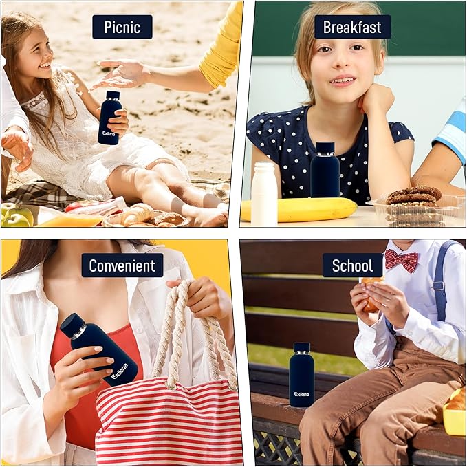 Small Water Bottle 12oz with Clip, Double Wall Stainless Steel Vacuum Small Insulated Water Bottle Keeps Drinks Cold 24 Hrs/Hot 12 Hrs for Kids Handbag School BPA Free (Navy Blue)