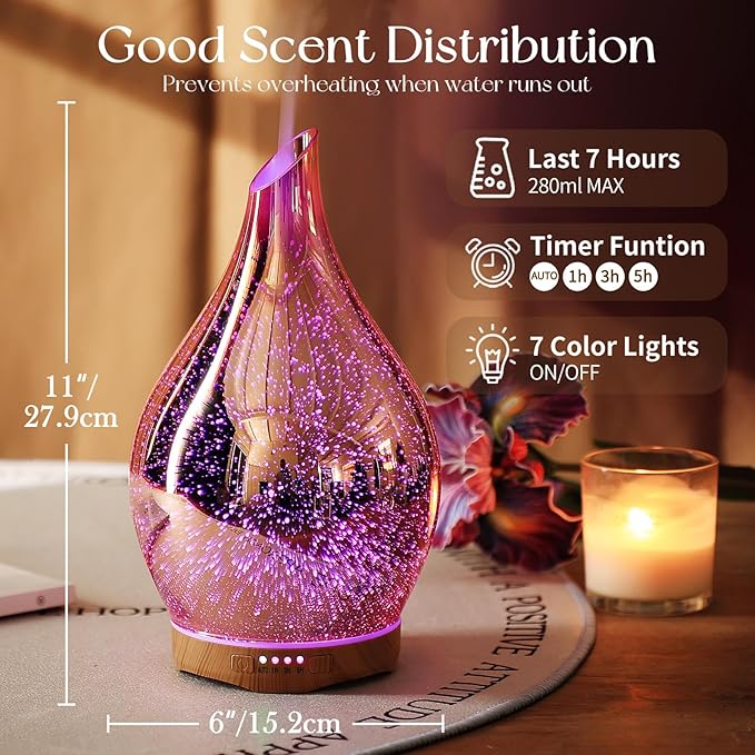 Porseme 280ml Essential Oil Diffuser, 3D Glass Aromatherapy Diffusor, Ultrasonic Cool Mist BPA Free Aroma Humidifier with Timer and Color Changing Function, Waterless Shut-Off for Home Office Room