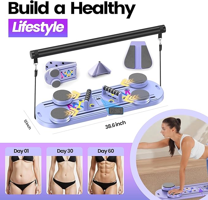 Foldable 5-in-1 Portable Pilates Board - at-Home Pilates Kit with Resistance Bands - Portable Pilates Reformer Sliding Fitness Platform for Abs, Core, Thighs & Full-Body Training (330 lb Capacity)