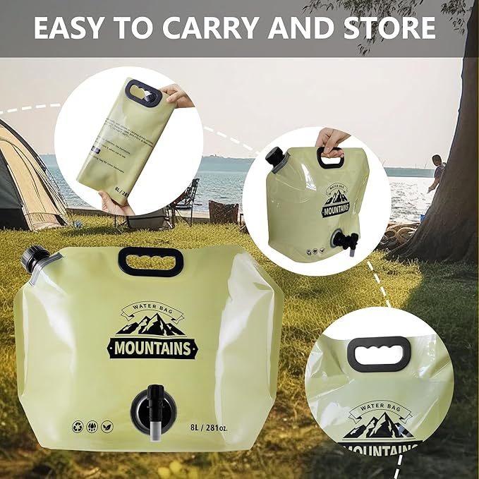 Collapsible 8L Water Storage Bag, BPA-Free Portable Folding Water Jug with Adjustable Faucet, Leakproof Emergency Water Bag for Camping, Hiking, Riding, Outdoor Sport (BEIGE & GREEN, 2)