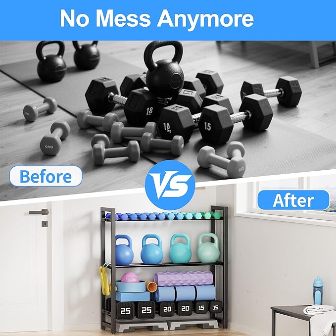 3 Tier Adjustable Dumbbell Rack - Heavy-Duty 330LB Capacity Weight Storage Stand for Dumbbells, Kettlebells - Space-Saving Home Gym Organizer (Rack Only)