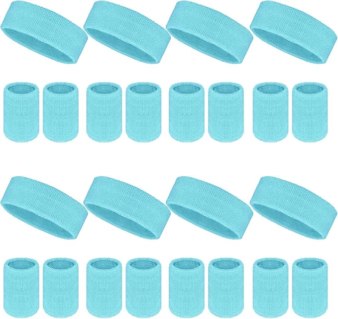 24 Pcs Neon Sweatbands Set Include 8 Pcs Sports Headband and 16 Pcs Cotton Wristbands 80s Neon Sweat Bands Bulk for Gym, Tennis, Basketball, Running, Exercise