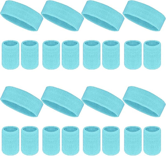 24 Pcs Neon Sweatbands Set Include 8 Pcs Sports Headband and 16 Pcs Cotton Wristbands 80s Neon Sweat Bands Bulk for Gym, Tennis, Basketball, Running, Exercise