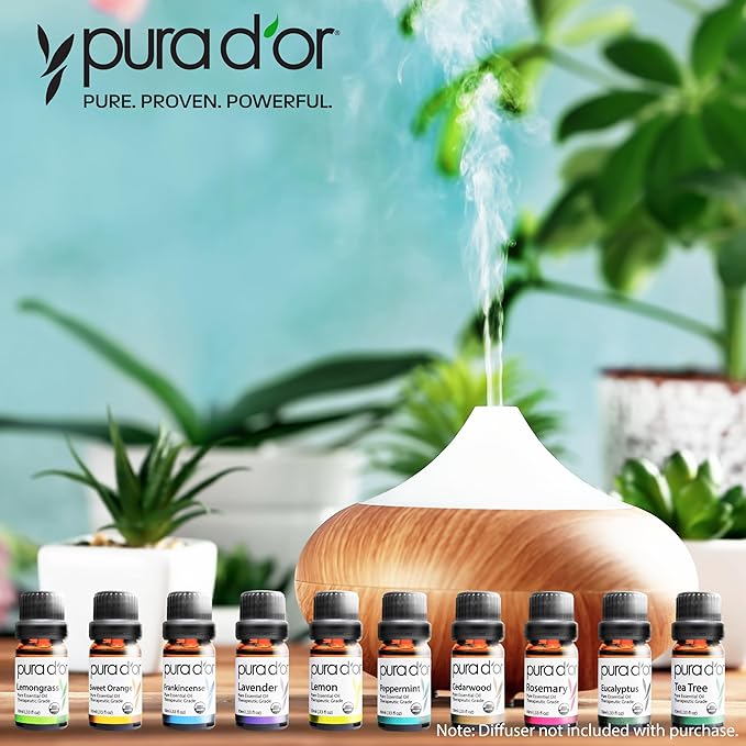 PURA D'OR Organic Perfect10 Essential Oils Set - 10x 10mL Wood Box Aromatherapy Gift Set - 100% Pure Therapeutic Grade for Relaxation and Wellness (Lavender, Peppermint, Eucalyptus, Tea Tree & More)