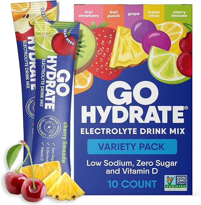 GoHydrate Instant Hydration Powder Packets - Low Sodium Electrolytes Drink Mix - Natural Hydration Support, Sugar Free Electrolyte Flavored Powder Drink with Vitamin D, 10 Packs, Mixed