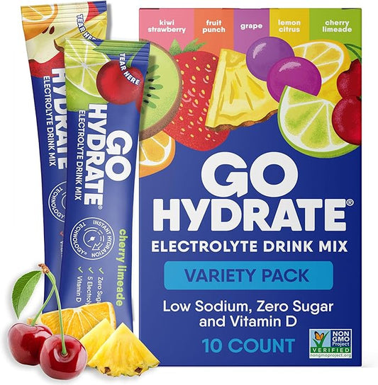 GoHydrate Instant Hydration Powder Packets - Low Sodium Electrolytes Drink Mix - Natural Hydration Support, Sugar Free Electrolyte Flavored Powder Drink with Vitamin D, 10 Packs, Mixed