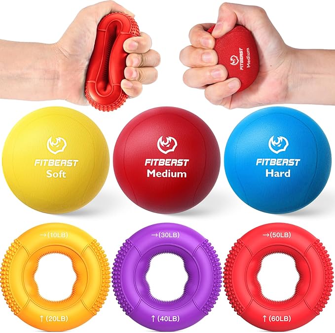 FitBeast Grip Strength Trainer, Finger Exerciser, Stress Balls for Adults 6-Piece Set, Hand Therapy for Strength, Recovery & Stress Relief, Forearm Strengthener for Men, Women & Seniors