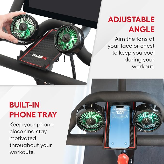 Dual Bike Fans with Phone Tray for Peloton Bike - All-Metal Phone Holder - No Batteries Required - Accessories for Peloton Bike