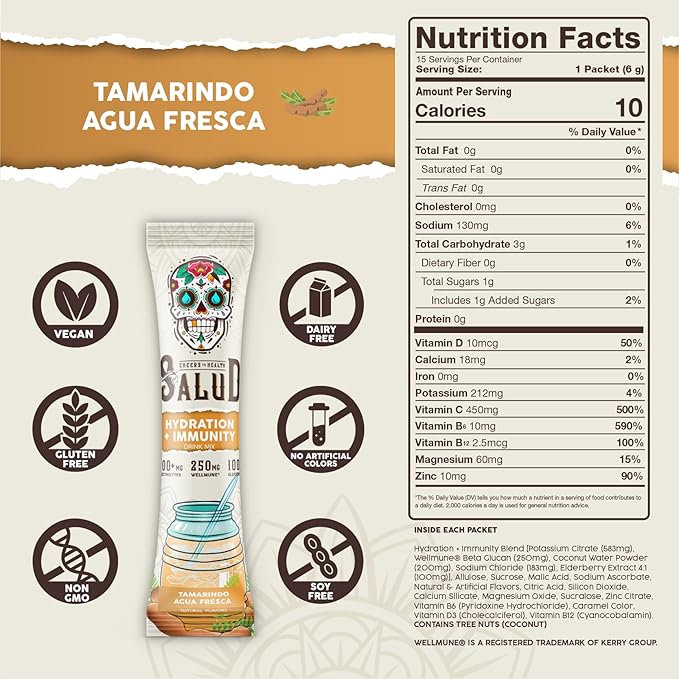 Salud 2-in-1 Hydration Packets + Immunity Electrolytes Powder, Tamarindo - Agua Fresca Drink Mix, Elderberry, Dairy & Soy Free, Non-GMO, Gluten Free, Vegan, Low Calorie, 1g Sugar (15 Servings)