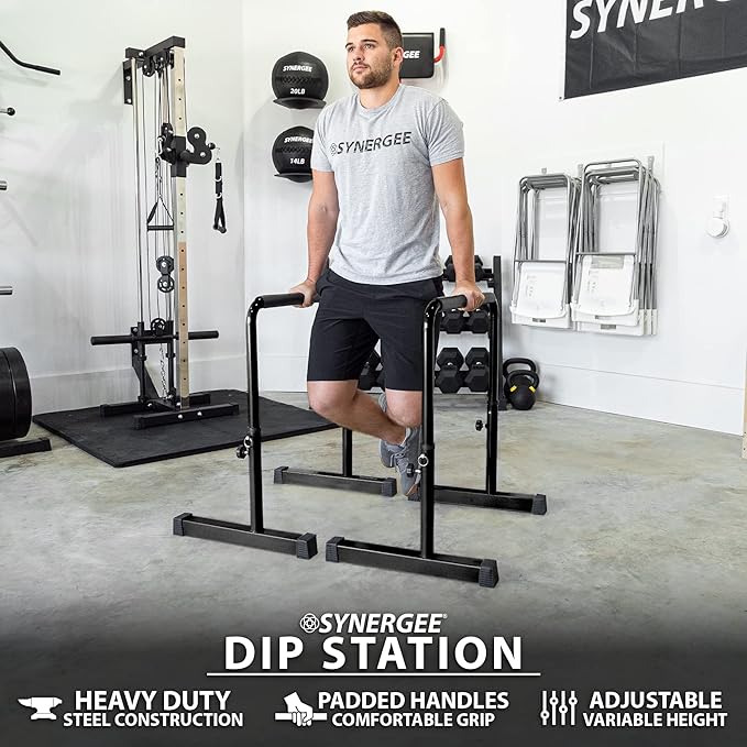 Synergee Dip Bar. Adjustable Dip Station from 30” – 39” for Dips, Inverted Pull Ups. Max capacity 400 lbs. Portable Dip Stand for Total Body Workout. Available in Yellow and Black.