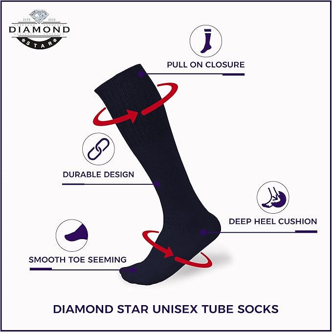 Diamond Star Men's 6 Pack Athletic Tube Socks Running Sports OVER THE CALF Full Cushioned Premium Soft Cotton Big and Tall