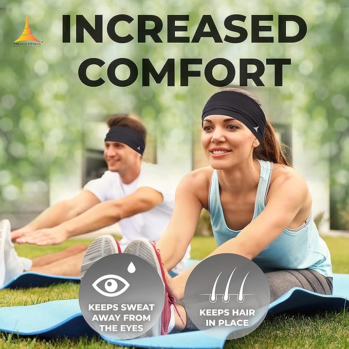 French Fitness Revolution - Stretchy Sports Headband for Men & Women - Guys Sweatband for Running, Cycling, Basketball, Yoga, Fitness - Moisture Wicking Workout Hairband - Made in Europe