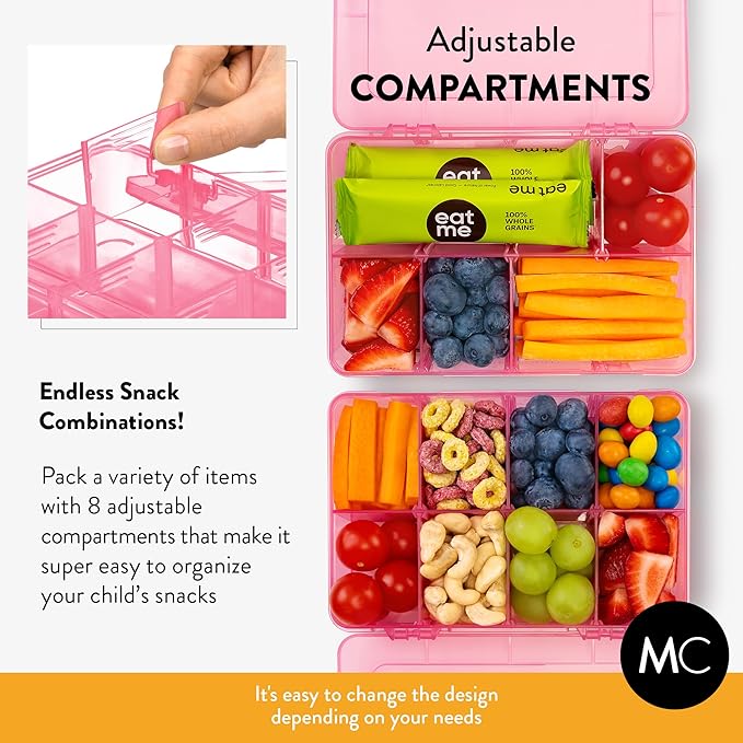 Snack Box Containers Set of 2-Reusable,100 Dissolvable Labels, 8 Adjustable Compartments, Dishwasher Safe, BPA-Free, Meal Prep Container, PARENT TESTED PARENT APPROVED AWARD (2 Pack) (Pink)