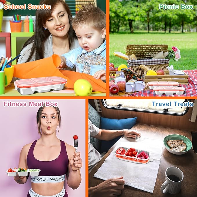 4 Pack Stainless Steel Snack Containers, 3 Compartment Food Container, Compartment Food Storage Box with Lids, Stackable Leakproof Divided Lunch Containers for Kids, Adults for School, Work, Travel