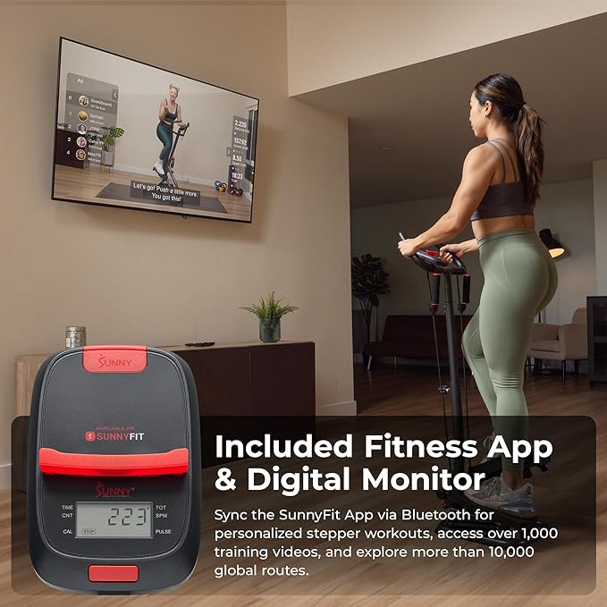 Sunny Health & Fitness Total Body 2-in-1 Smart Stepper Machine for Home with Handlebar and Resistance Bands, Total Body Workout, Adjustable Hydraulic, LCD Monitor, Non-Slip Pedals – 330 LB Max Weight