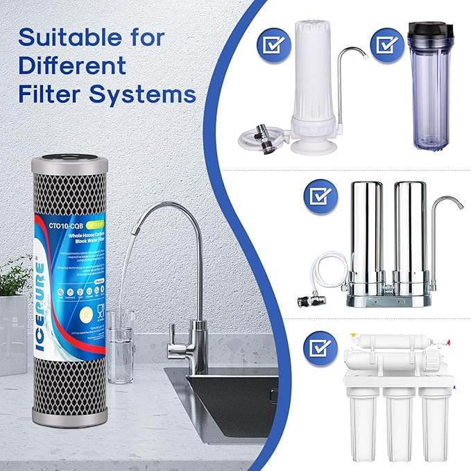 ICEPURE 1 Micron 10" x 2.5" Whole House Upgraded Coconut Shell Activated Water Filter Lead Remove Filter Cartridge Replacement for WFPFC8002, SCWH-5, WHCF-WHWC, FXWTC, CTO10-CQB, RO Unit, 2PACK