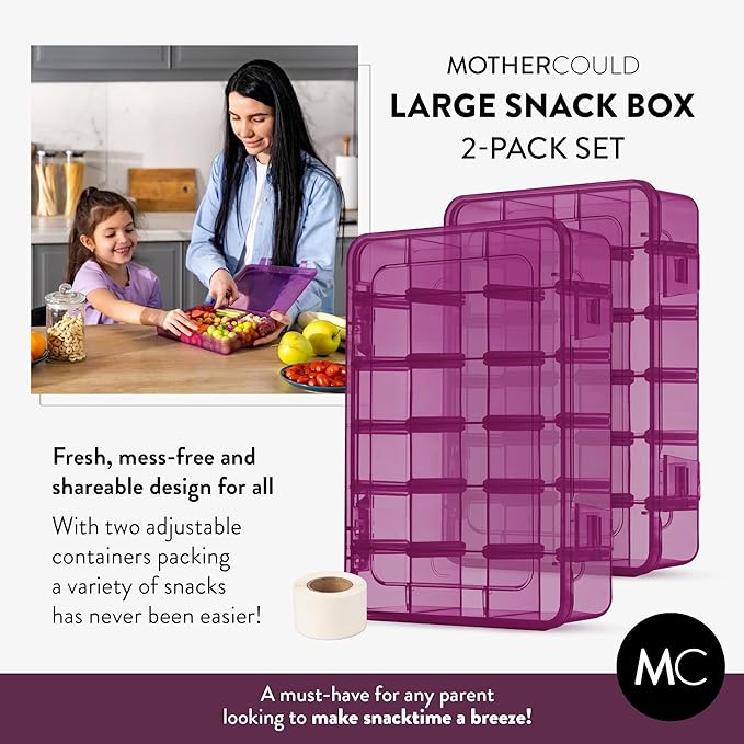 Large Kids Snack Box Containers Set of 2 -100 Labels, BPA-Free, Adjustable Compartments, Dishwasher Safe, Reusable Tray, Food Grade, Meal Prep Container, PARENT TESTED PARENT APPROVED AWARD (Purple)