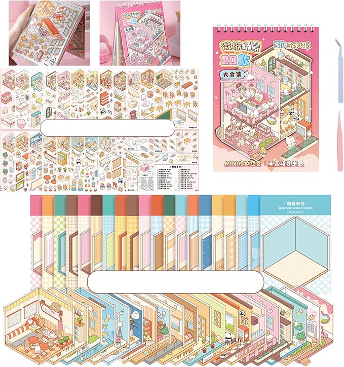 20 Sets DIY 3D Scene Sticker Book for Adults,Cute Sticker Therapy 3D Scenes Relief Stress Pass -Bakery, Library, Panda Supermarket,Tea Party
