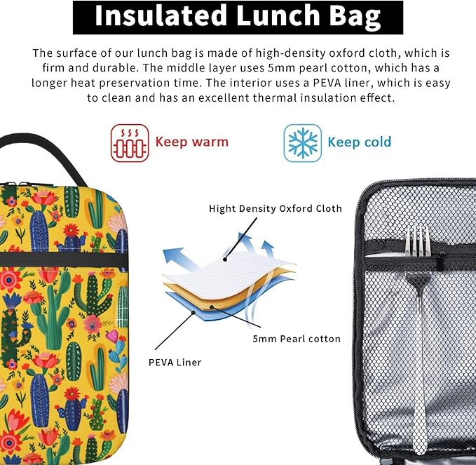 Cactus Lunch Box for Women Adults Kids, Insulated Cooler Lunch Bag for Picnic, School, Office, Travel, Work, Portable Reusable Polyester Tote Thermal Lunch Bags (Colorful Cactus)