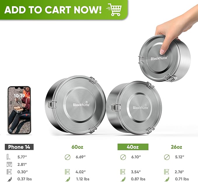 Blockhütte Metal Lunch Container 40oz with Spork, Bento Box Adult Metal BPA Free, Stainless Lunch Box for Work Dishwasher Safe, Stainless Steel Food Storage Containers Leakproof