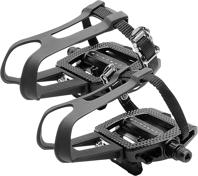 BV Bike Pedals Shimano SPD/Look Delta Compatible 9/16'' with Toe Clips - Peloton Pedals for Regular Shoes - Toe Cages for Peloton Bike - Exercise Bike Pedals - Universal Fit Bicycle Pedal