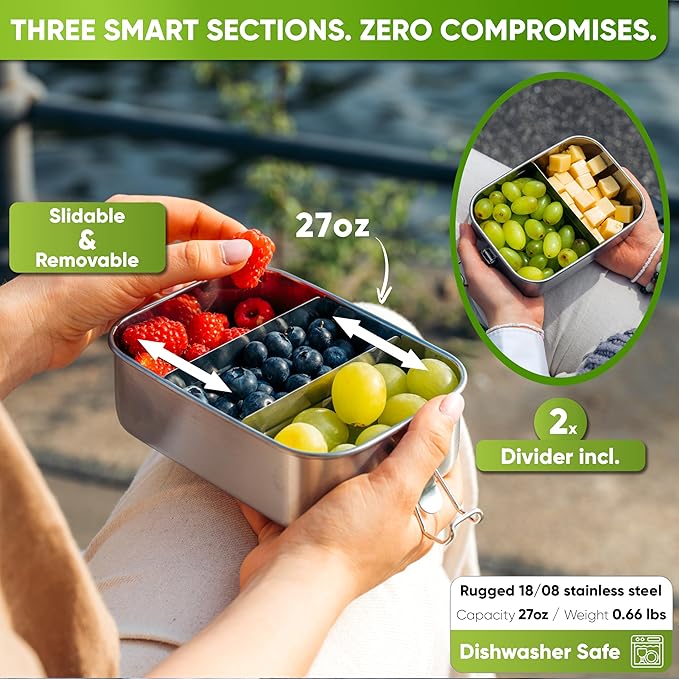 Blockhütte Stainless Steel Lunch Box I 27oz I with free sealing I Bento Box 3 Compartments, Leak-Proof Food Containers, Metal Lunchbox for Travel & Work, Eco-Friendly Meal Storage Solution