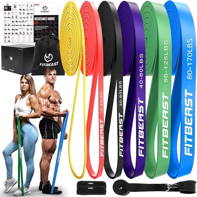 FitBeast Resistance Bands Set, 6 Different Levels, Pull Up Assist Bands for Strength Training, Crossfit, Powerlifting, Muscle Toning, Yoga, Mobility Exercises, Rehabilitation, Full-Body Workout