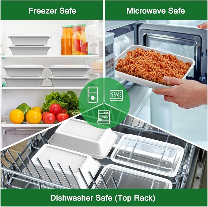 50 Pack (100-Piece) 32 oz Meal Prep Containers Reusable with Easy Open Lids, Sturdy Leakproof Food Safe, Microwave Freezer Dishwasher Safe, To Go Take Out Plastic Food Storage Pans with Lids, Silver