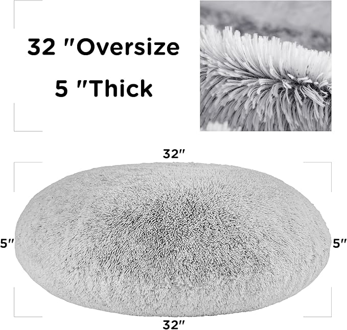 Codi Faux Fur Floor Pillows, Fluffy Large Round Cushions Sitting for Adults, Decorative Fuzzy Pillow for Fireplace,Dog Beds, Christmas, 32 Inch, Light Grey