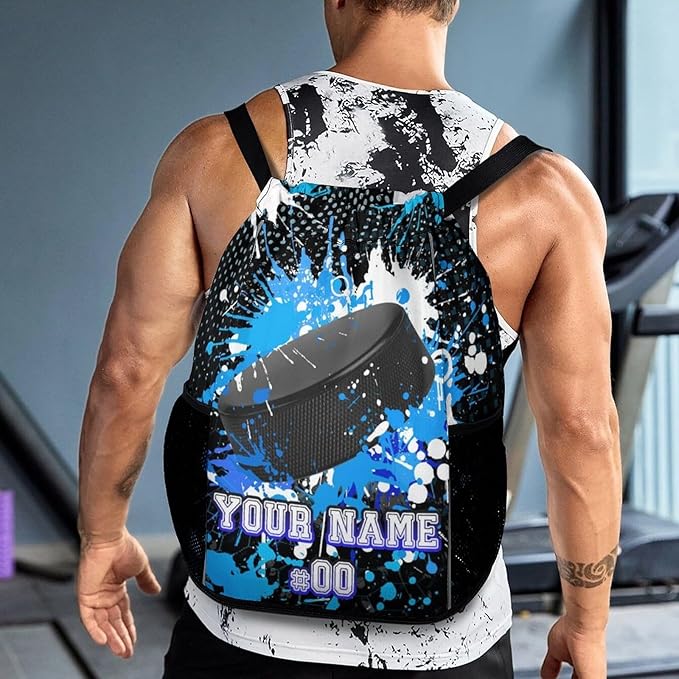Custom Hockey Drawstring Backpack - Cool Cinch Sack, String Backpacks with Pocket for Kids Women Men Boys Girls for Gym Outdoor Sports Travel Athletic Drawstring Bag - Lightweight/Foldable